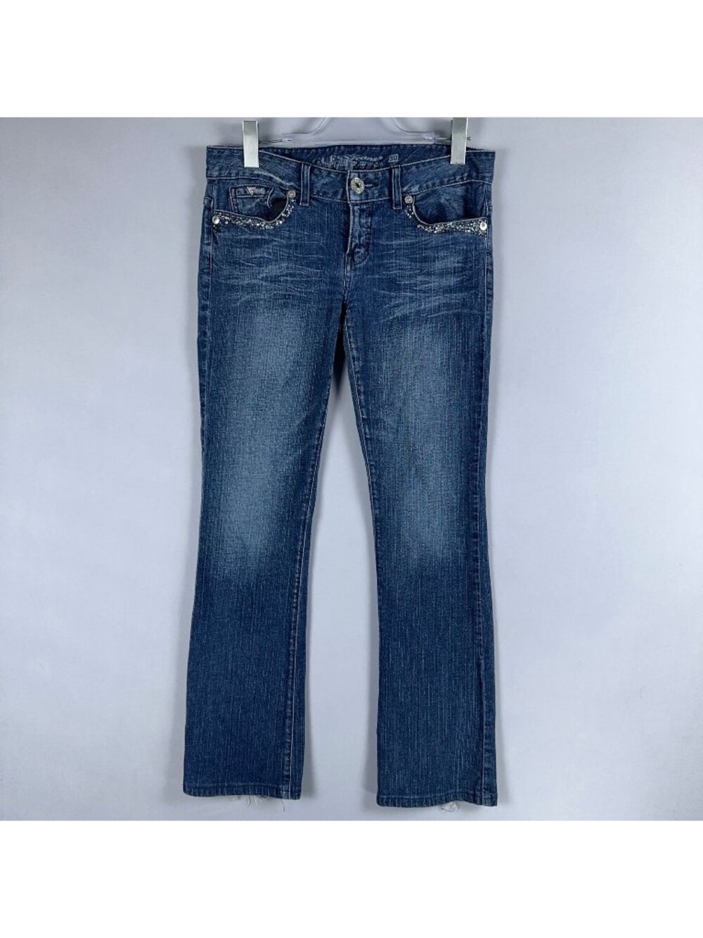 Guess Jeans Size 30 Daredevil Bootcut Rhinestone Embellished Pockets Raw Hem